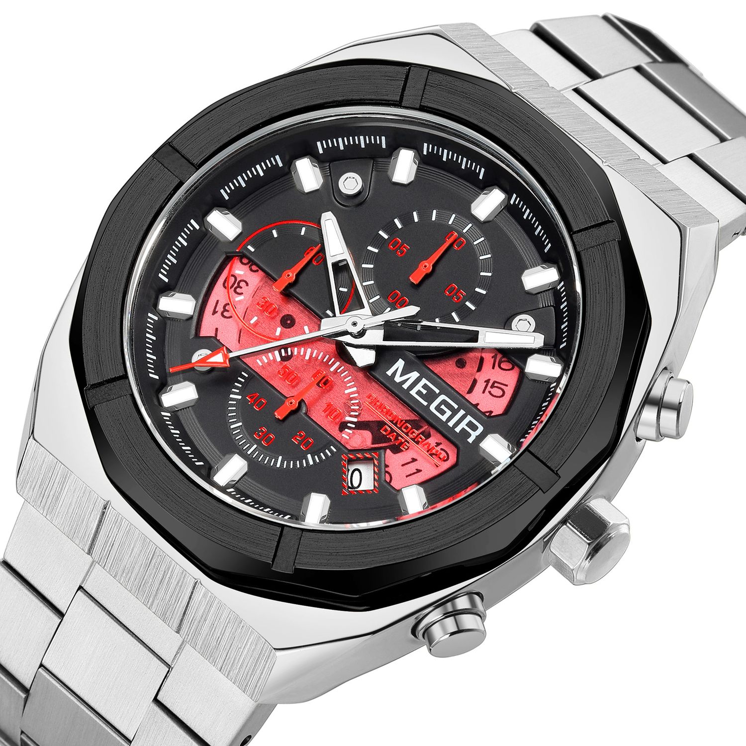 MEGIR 2225 men's chronograph watch, silver octagonal case with white dial, red accents and steel bracelet, studio view