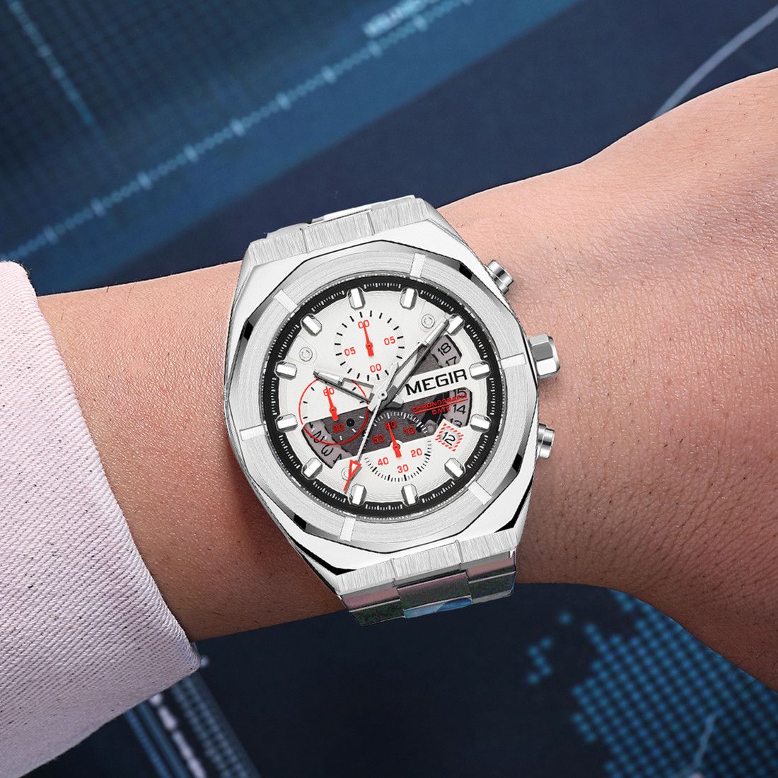 MEGIR 2225 men's chronograph watch on the wrist, silver octagonal case with white dial and steel bracelet