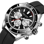MEGIR 2226 men's chronograph watch, silver case with black bezel, black dial and black silicone strap, angled view