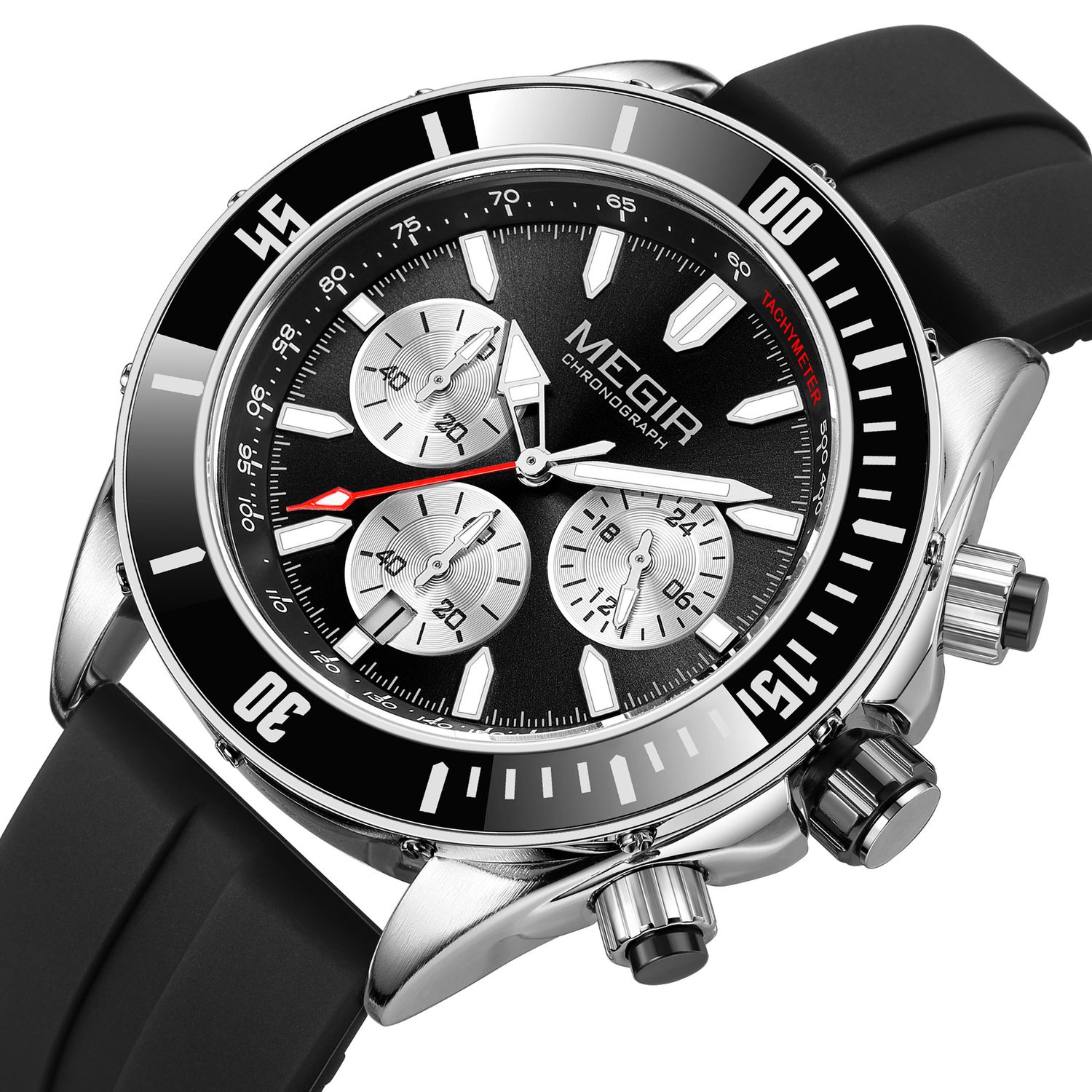 MEGIR 2226 men's chronograph watch, silver case with black bezel, black dial and black silicone strap, angled view