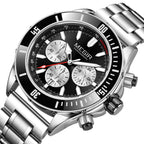 MEGIR 2226 men's chronograph watch, silver case with black bezel, black dial and steel bracelet, angled view