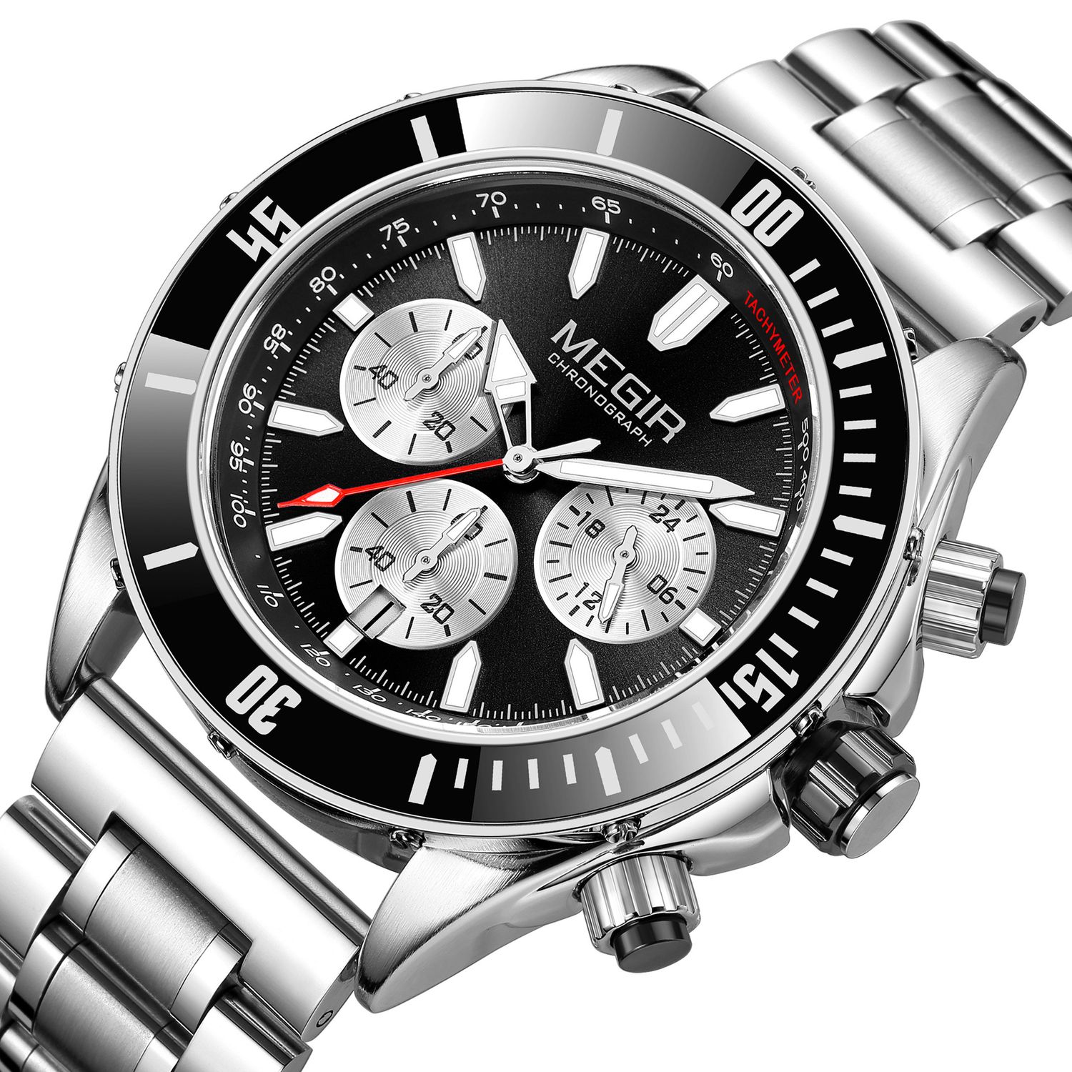 MEGIR 2226 men's chronograph watch, silver case with black bezel, black dial and steel bracelet, angled view
