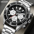 MEGIR 2226 men's chronograph watch, silver case with black bezel, black dial and steel bracelet, front view