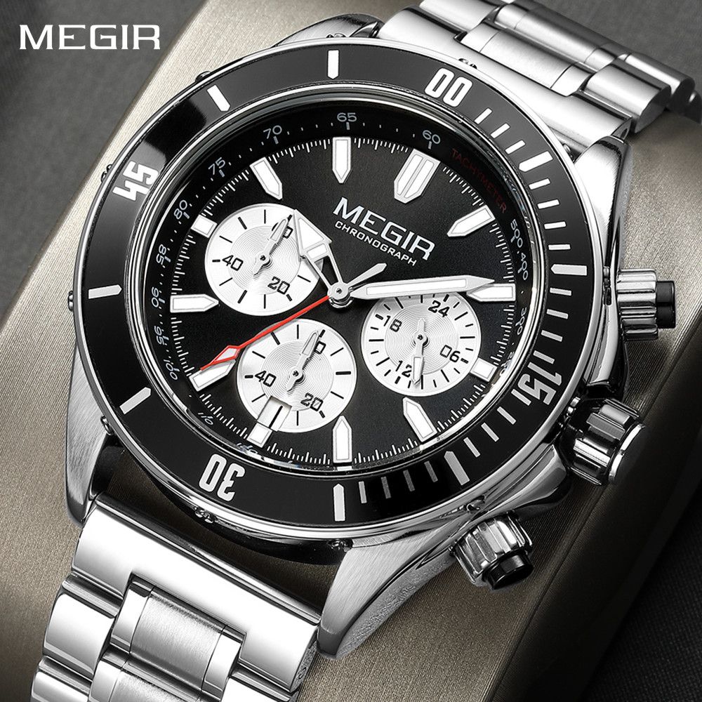 MEGIR 2226 men's chronograph watch, silver case with black bezel, black dial and steel bracelet, front view