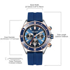 MEGIR 2226 men's chronograph watch parameters graphic with case diameter, thickness and band dimensions