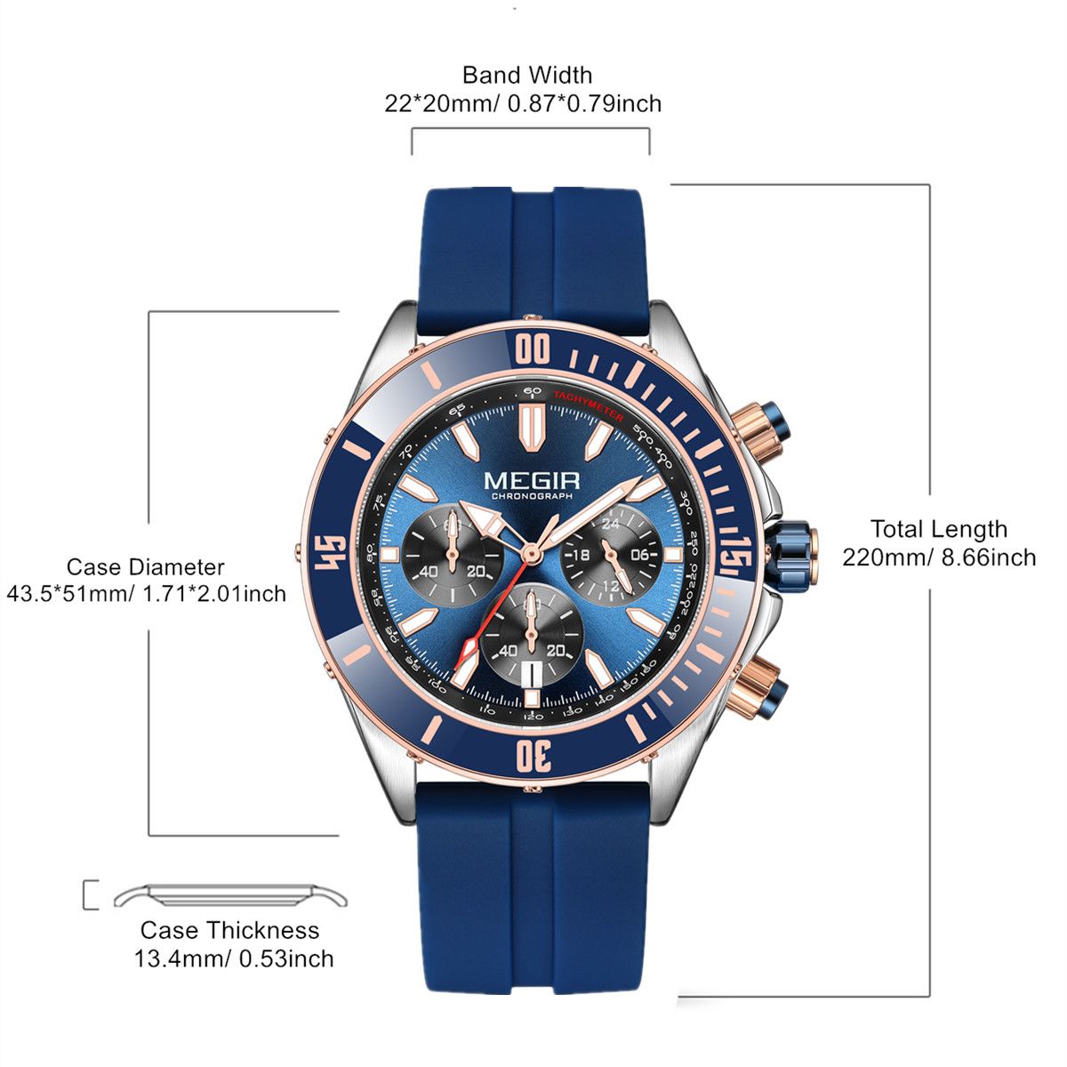 MEGIR 2226 men's chronograph watch parameters graphic with case diameter, thickness and band dimensions