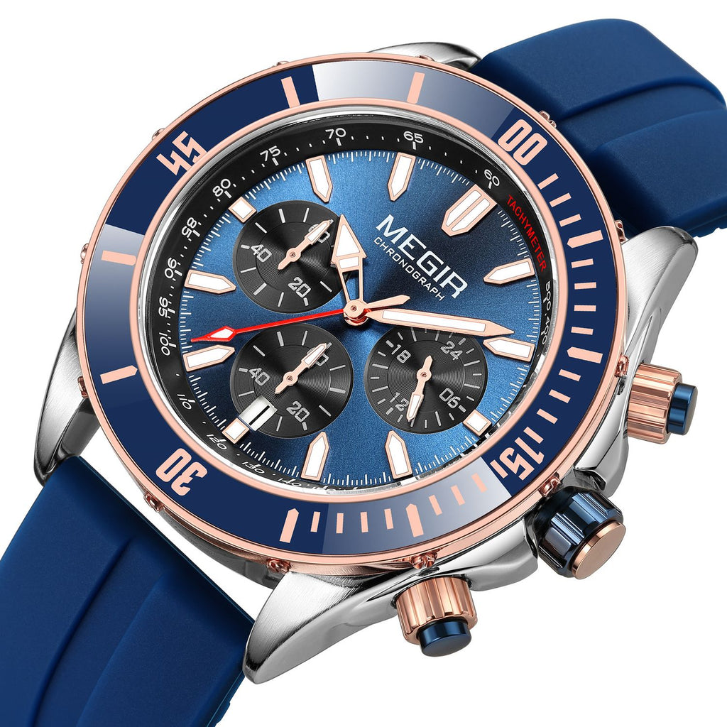 MEGIR 2226 men's chronograph watch, silver case with blue bezel, blue dial and blue silicone strap, angled view