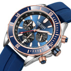 MEGIR 2226 men's chronograph watch, silver case with blue bezel, blue dial and blue silicone strap, angled view