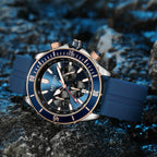 MEGIR 2226 men's chronograph watch, silver case with blue bezel, blue dial and blue silicone strap, studio view