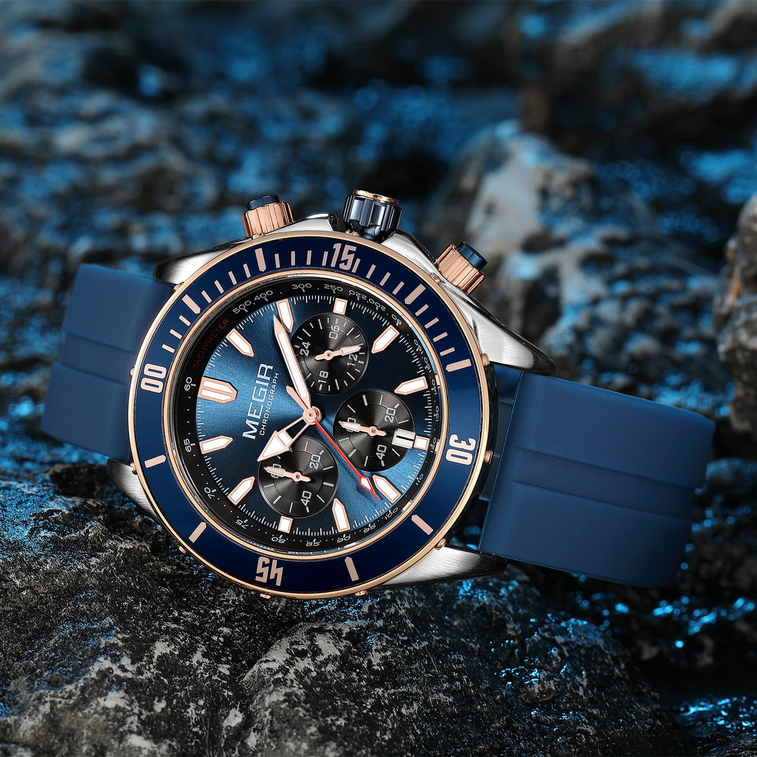 MEGIR 2226 men's chronograph watch, silver case with blue bezel, blue dial and blue silicone strap, studio view