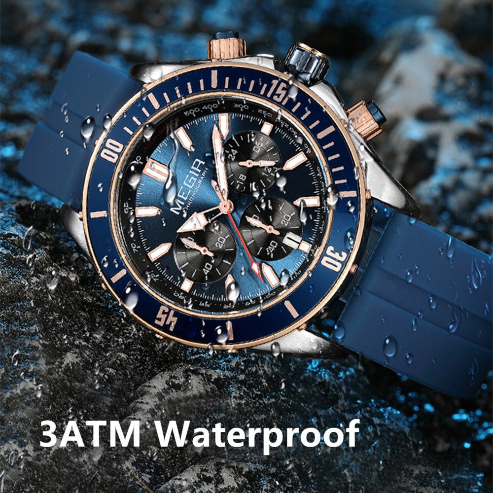 MEGIR 2226 men's chronograph watch water-resistance graphic, silver case with blue dial and blue silicone strap