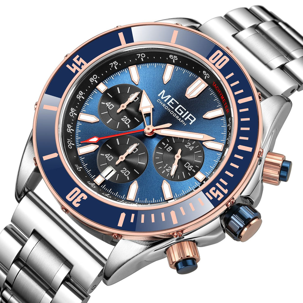 MEGIR 2226 men's chronograph watch, silver case with blue bezel, blue dial and steel bracelet, angled view