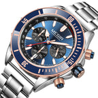 MEGIR 2226 men's chronograph watch, silver case with blue bezel, blue dial and steel bracelet, angled view
