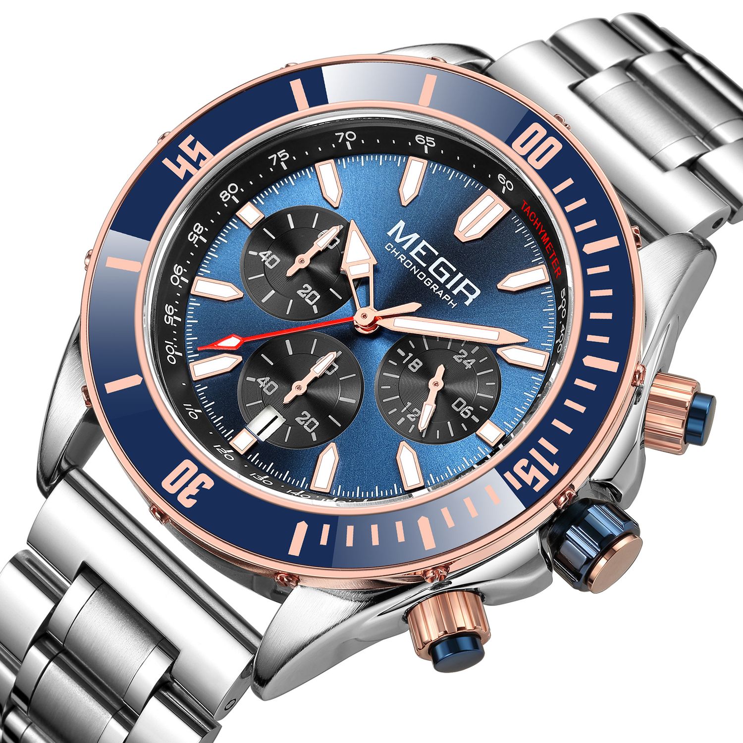 MEGIR 2226 men's chronograph watch, silver case with blue bezel, blue dial and steel bracelet, angled view