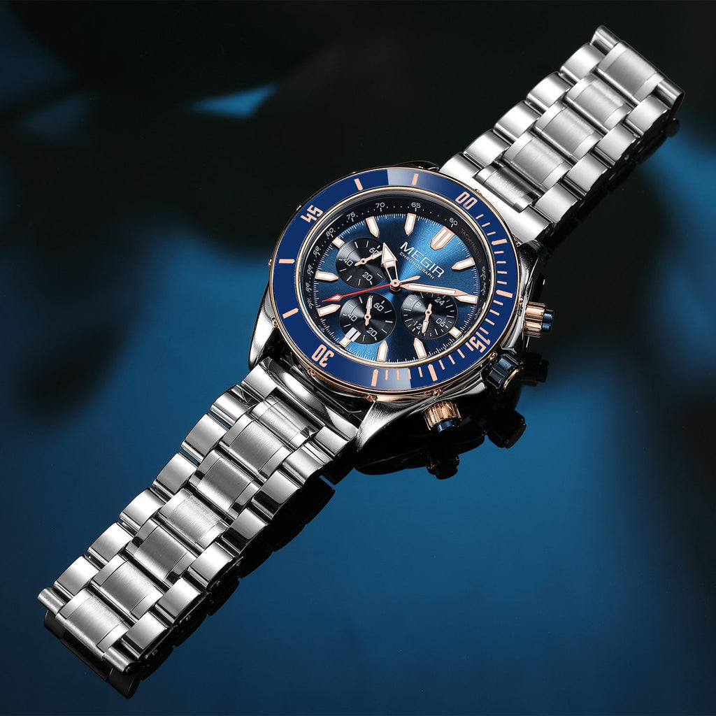 MEGIR 2226 men's chronograph watch, silver case with blue bezel, blue dial and steel bracelet, studio view