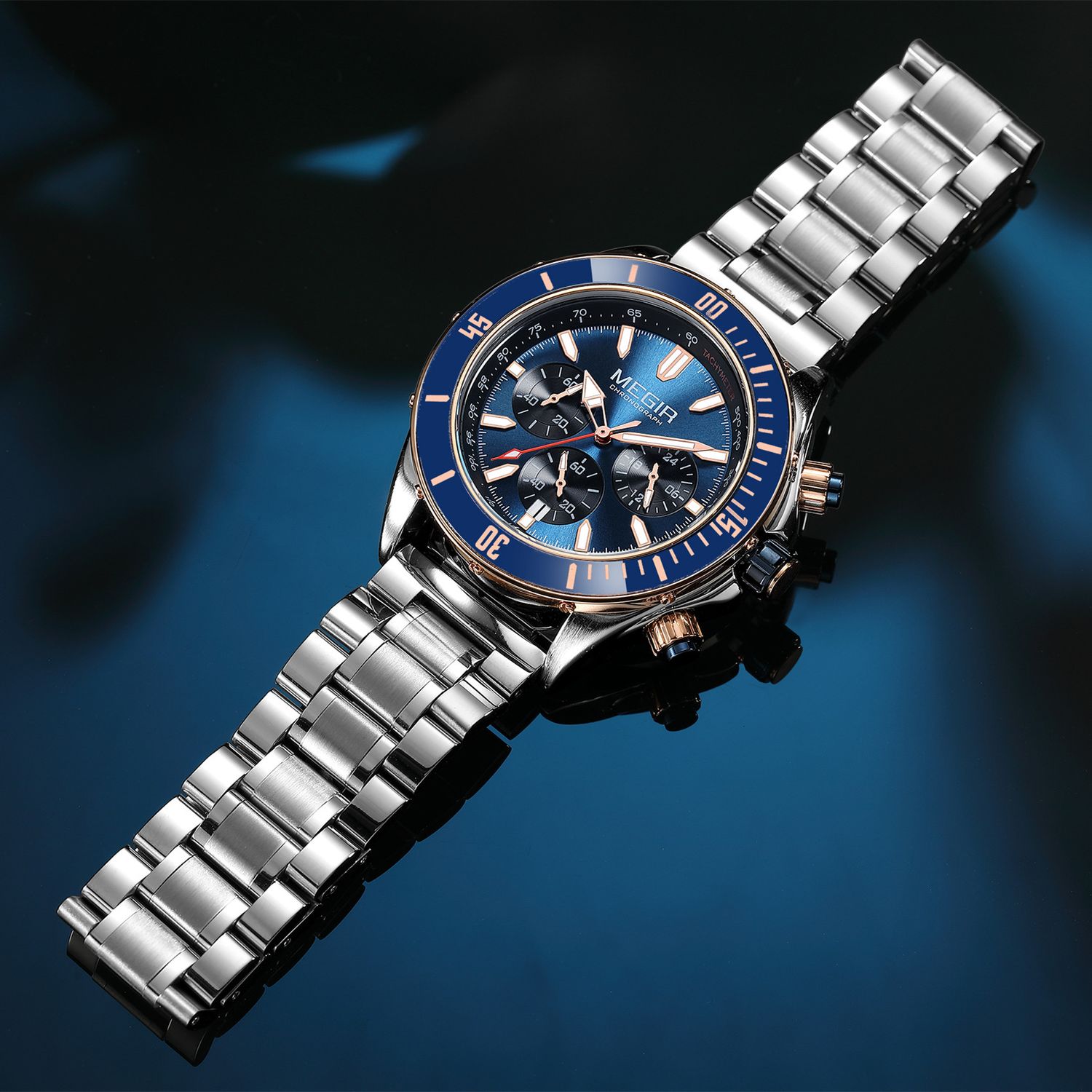 MEGIR 2226 men's chronograph watch, silver case with blue bezel, blue dial and steel bracelet, studio view