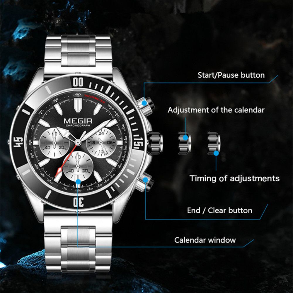 MEGIR 2226 men's chronograph watch feature graphic showing the start, calendar and reset buttons