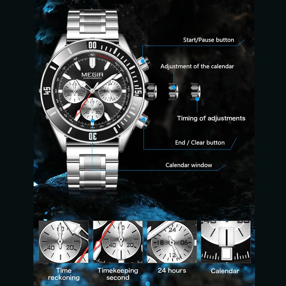 MEGIR 2226 men's chronograph watch feature graphic explaining the sub-dials, calendar window and buttons