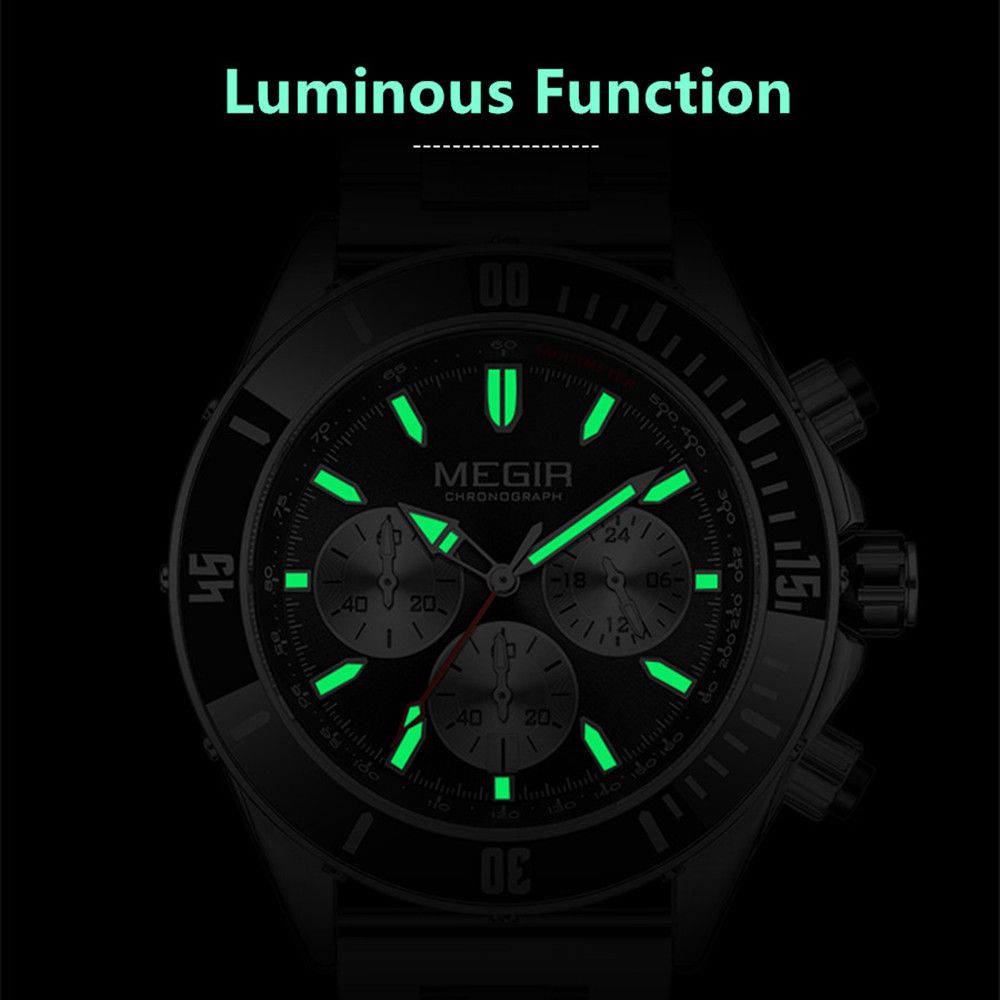 MEGIR 2226 men's chronograph watch feature graphic showing luminous hands and markers glowing in the dark