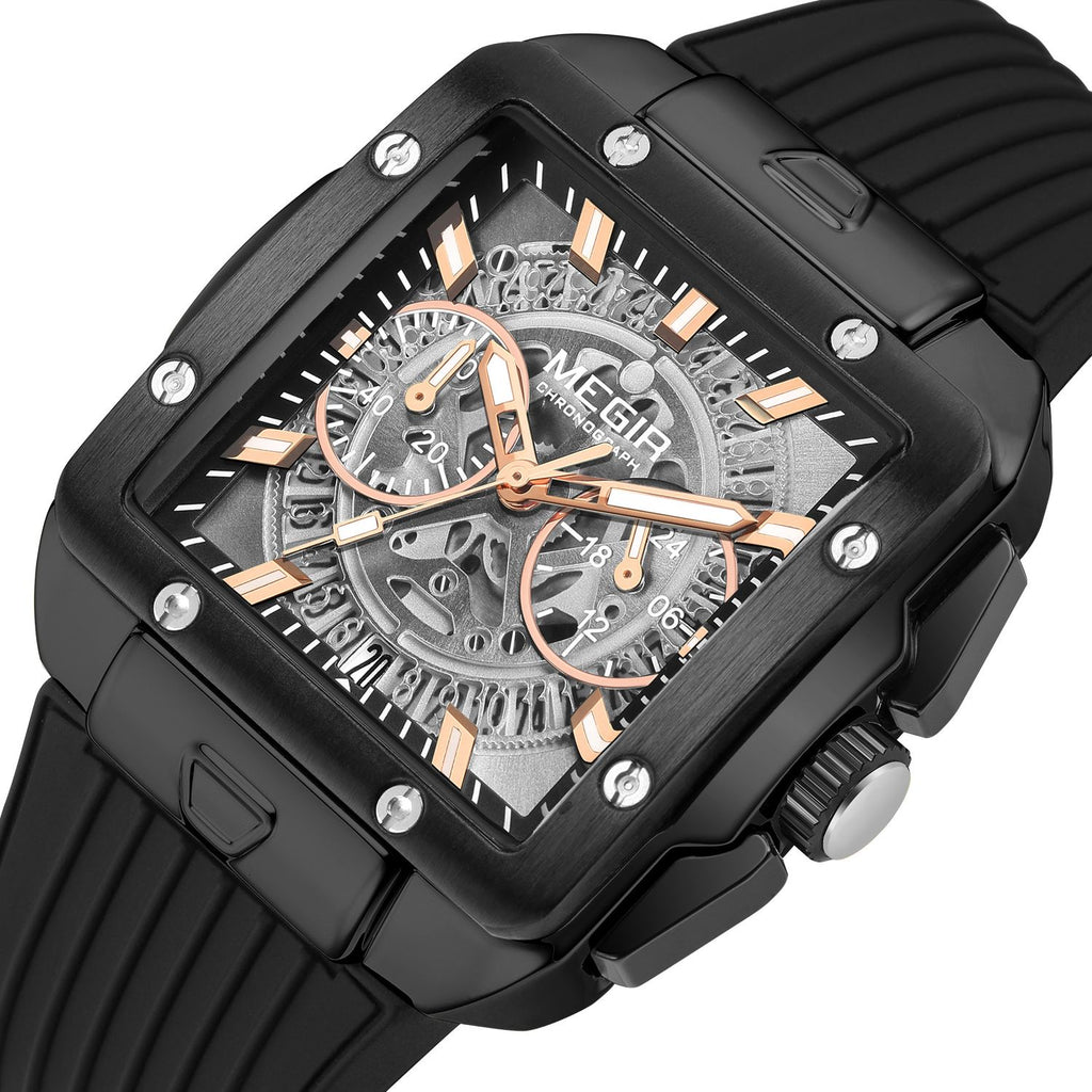 MEGIR 2228 men's chronograph watch, black square case with rose-gold skeleton dial and black silicone strap, angled view