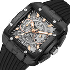 MEGIR 2228 men's chronograph watch, black square case with rose-gold skeleton dial and black silicone strap, angled view