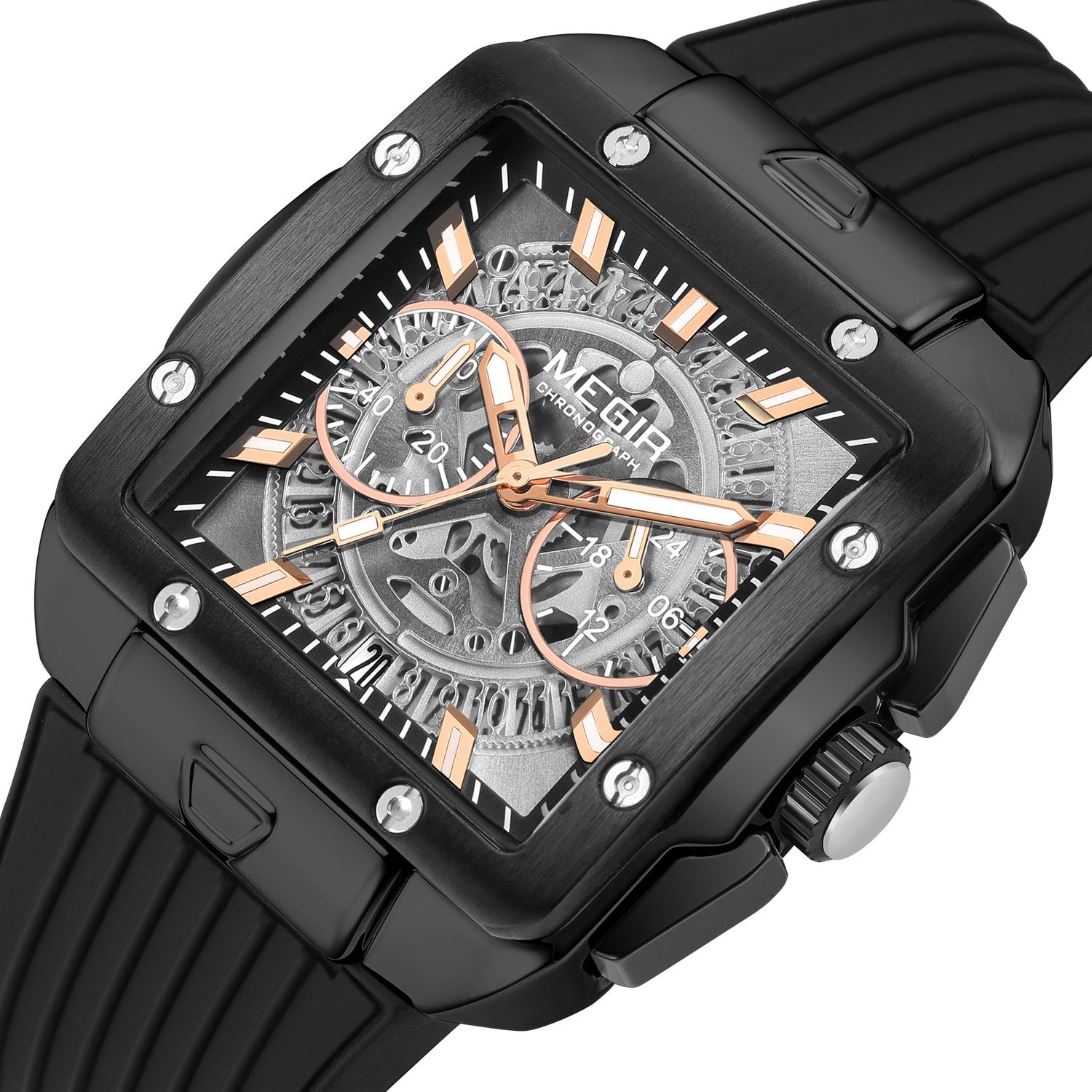 MEGIR 2228 men's chronograph watch, black square case with rose-gold skeleton dial and black silicone strap, angled view