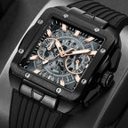 MEGIR 2228 men's chronograph watch, black square case with rose-gold skeleton dial and black silicone strap, front view
