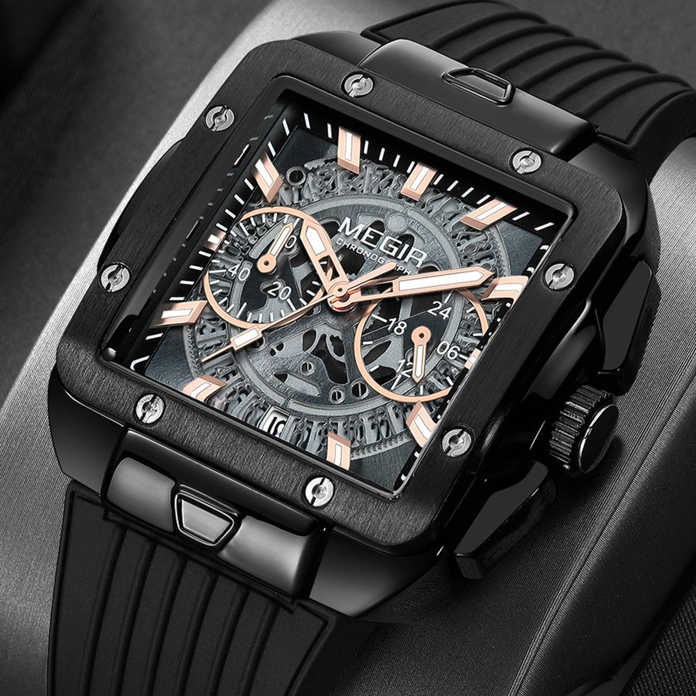MEGIR 2228 men's chronograph watch, black square case with rose-gold skeleton dial and black silicone strap, front view