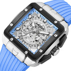 MEGIR 2228 men's chronograph watch, silver square case with blue skeleton dial and blue silicone strap, angled view