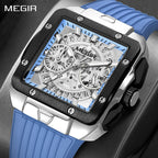 MEGIR 2228 men's chronograph watch, silver square case with blue skeleton dial and blue silicone strap, front view