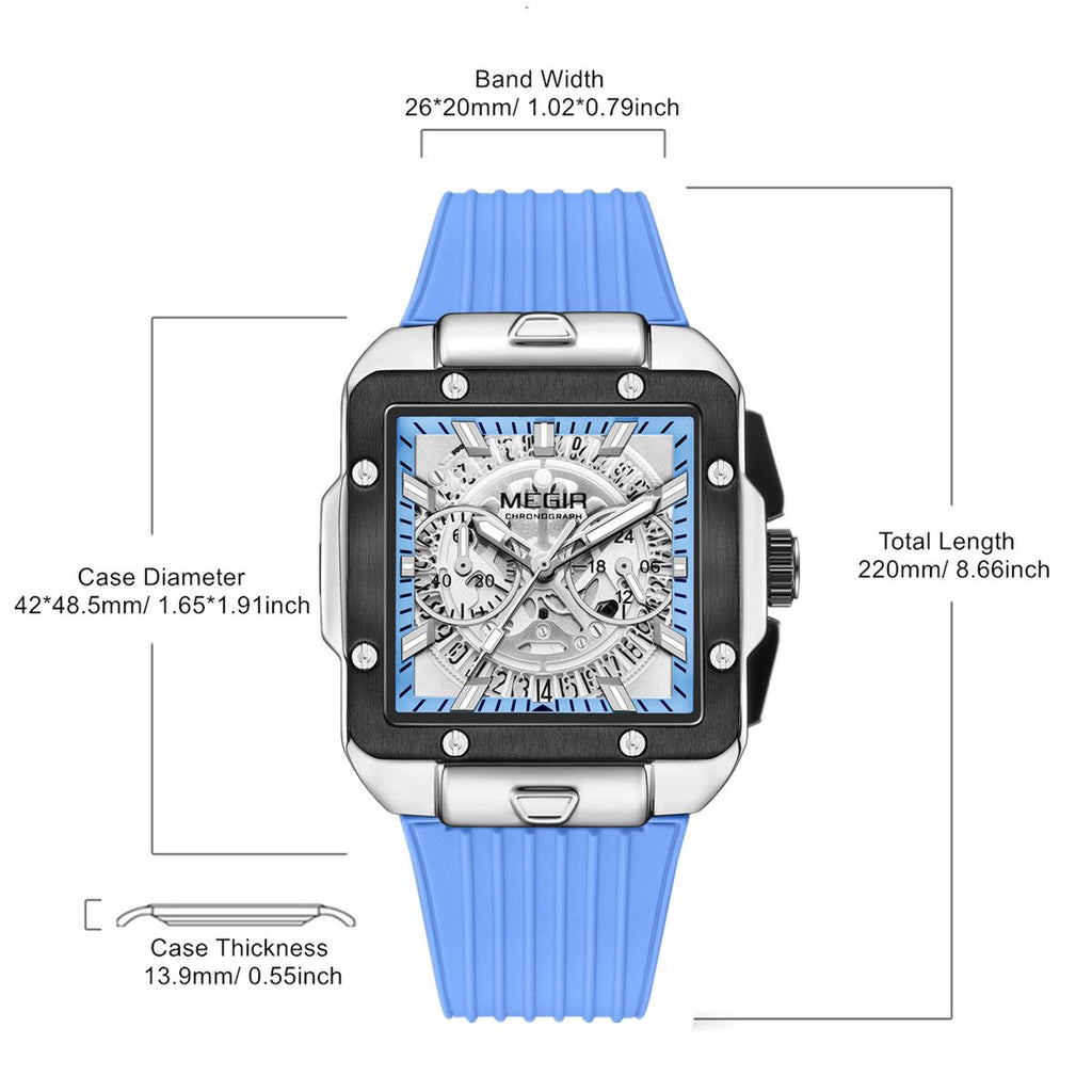 MEGIR 2228 men's chronograph watch parameters graphic with case diameter, thickness and band dimensions