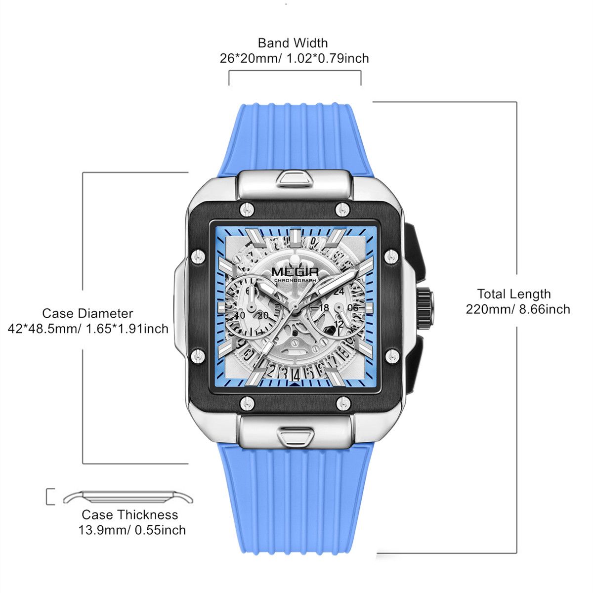 MEGIR 2228 men's chronograph watch parameters graphic with case diameter, thickness and band dimensions