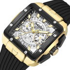 MEGIR 2228 men's chronograph watch, gold-tone square case with skeleton dial and black silicone strap, angled view