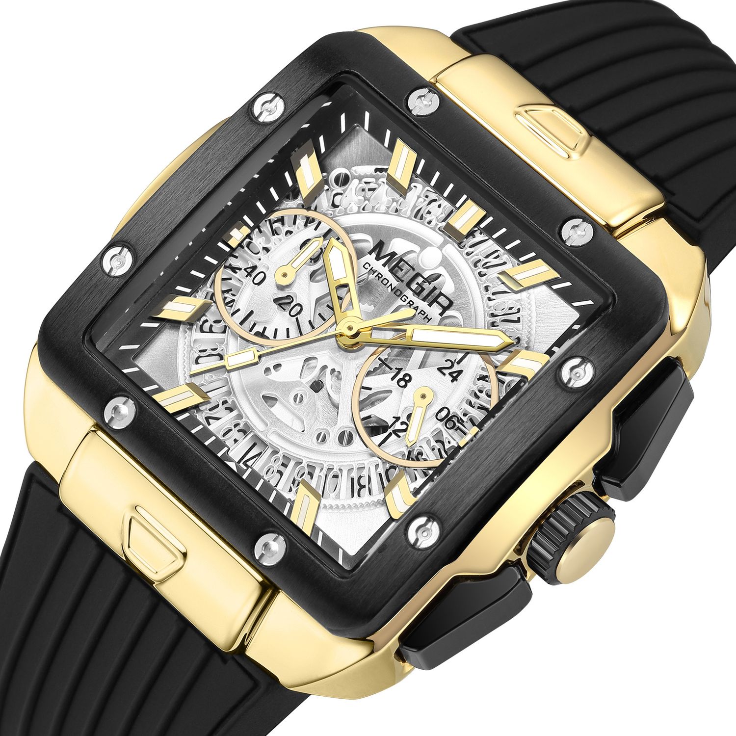 MEGIR 2228 men's chronograph watch, gold-tone square case with skeleton dial and black silicone strap, angled view