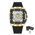 MEGIR 2228 men's chronograph watch, gold-tone square case with skeleton dial and black silicone strap, with gift box