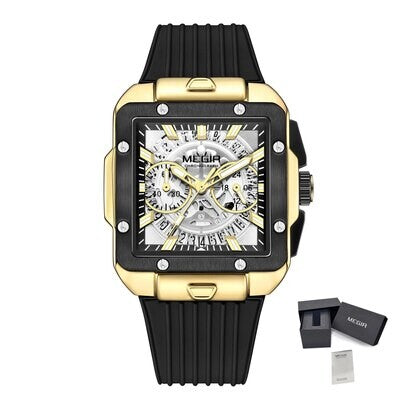 MEGIR 2228 men's chronograph watch, gold-tone square case with skeleton dial and black silicone strap, with gift box