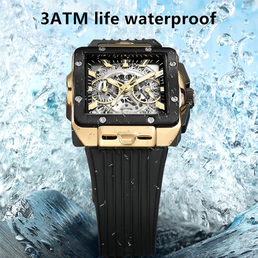 MEGIR 2228 men's chronograph watch water-resistance graphic, gold-tone square case with skeleton dial and black strap
