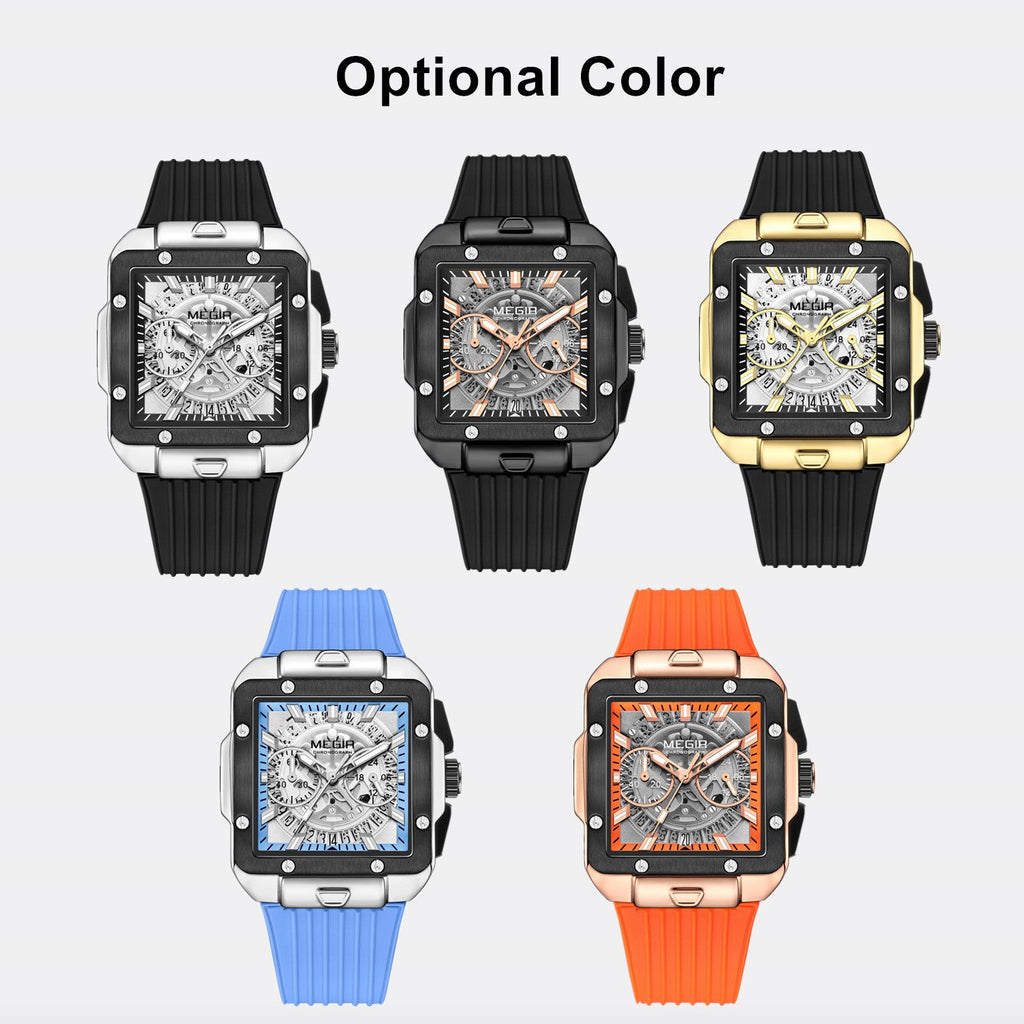 MEGIR 2228 men's chronograph watch color options showing silver, black, gold, blue and orange skeleton models