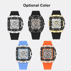 MEGIR 2228 men's chronograph watch color options showing silver, black, gold, blue and orange skeleton models