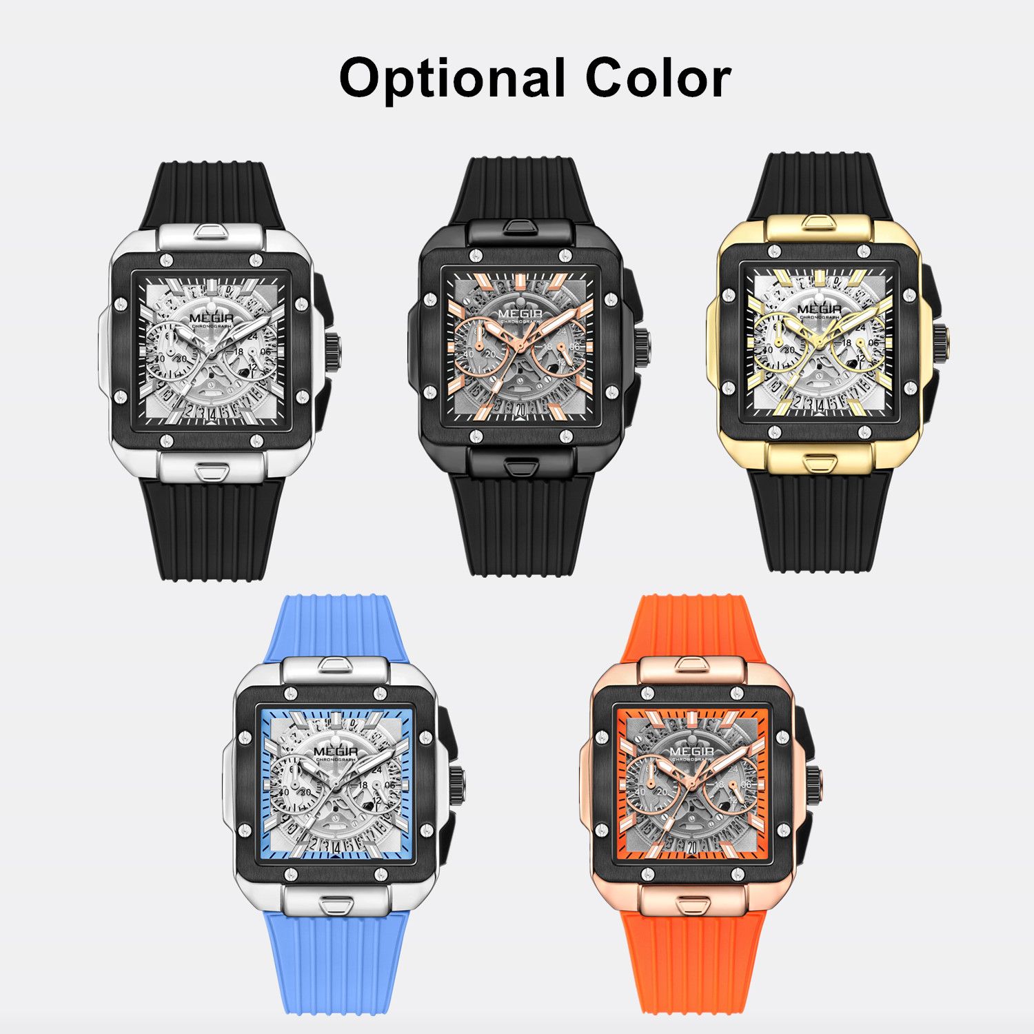 MEGIR 2228 men's chronograph watch color options showing silver, black, gold, blue and orange skeleton models