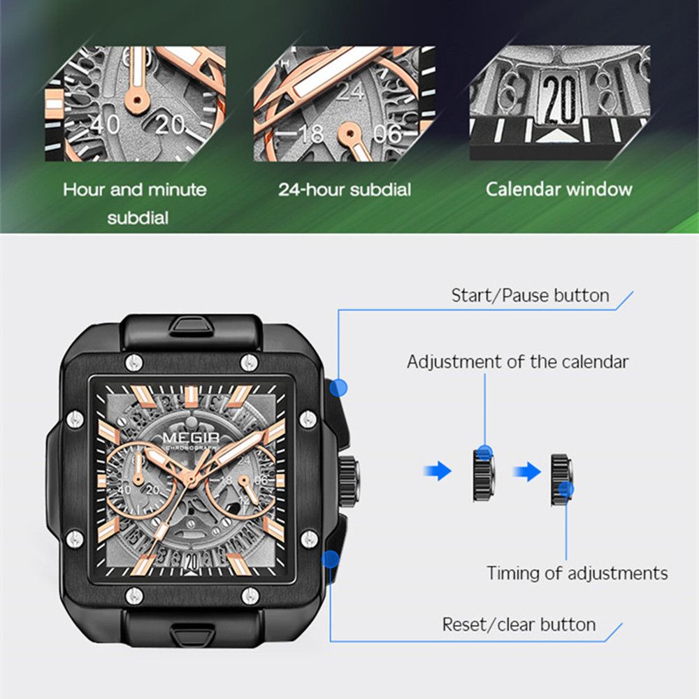MEGIR 2228 men's chronograph watch feature graphic explaining the sub-dials, calendar window and buttons