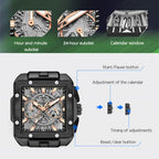 MEGIR 2228 men's chronograph watch feature graphic explaining the sub-dials, calendar window and buttons