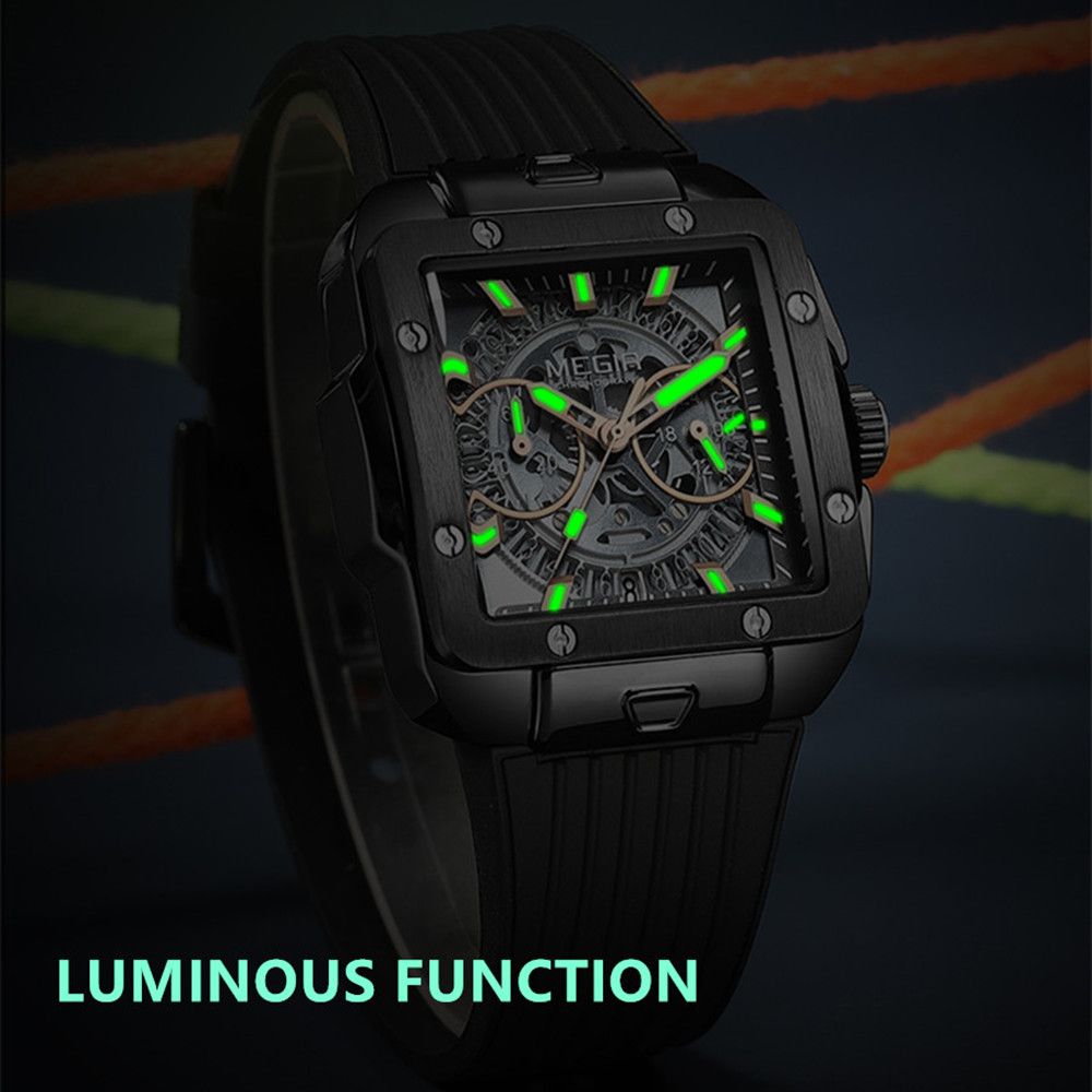 MEGIR 2228 men's chronograph watch feature graphic showing luminous hands and markers glowing in the dark