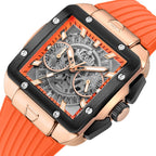 MEGIR 2228 men's chronograph watch, rose-gold square case with skeleton dial and orange silicone strap, angled view