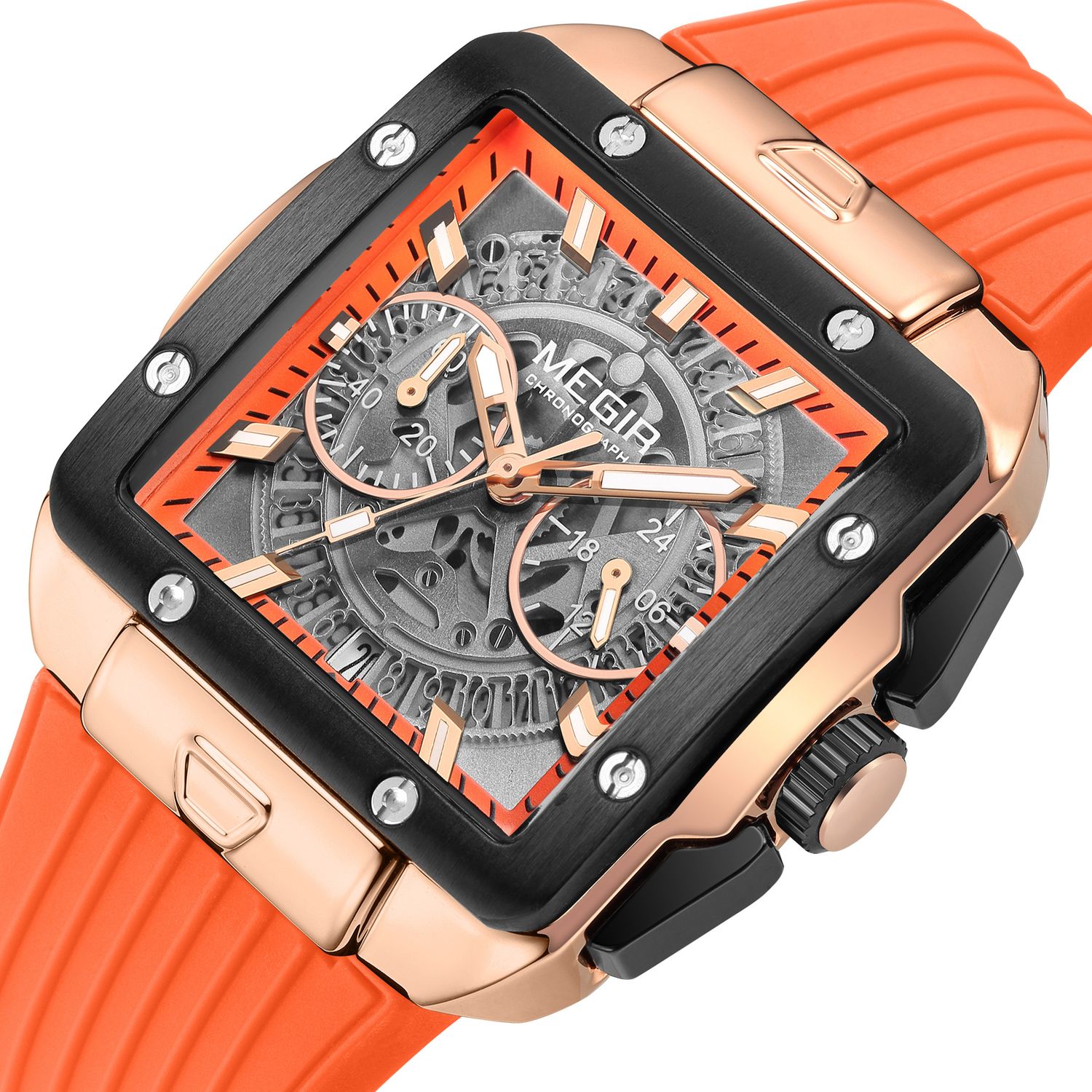MEGIR 2228 men's chronograph watch, rose-gold square case with skeleton dial and orange silicone strap, angled view