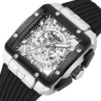 MEGIR 2228 men's chronograph watch, silver square case with skeleton dial and black silicone strap, angled view