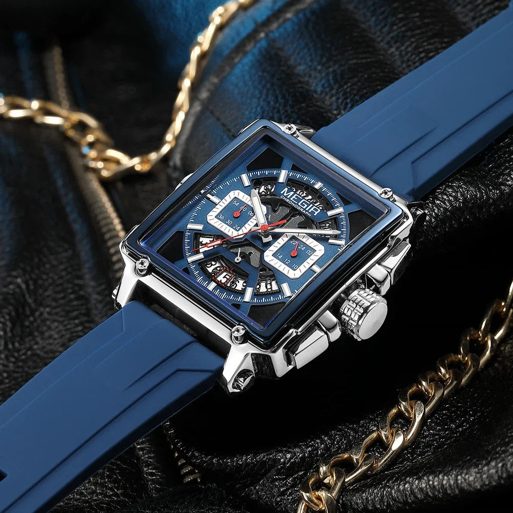 MEGIR 2233 Quartz Chronograph Watch Square Case Waterproof, angled view