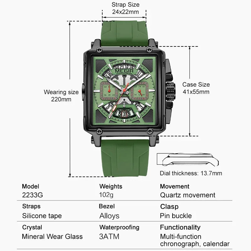 MEGIR 2233 Quartz Chronograph Watch Square Case Waterproof, caseback view