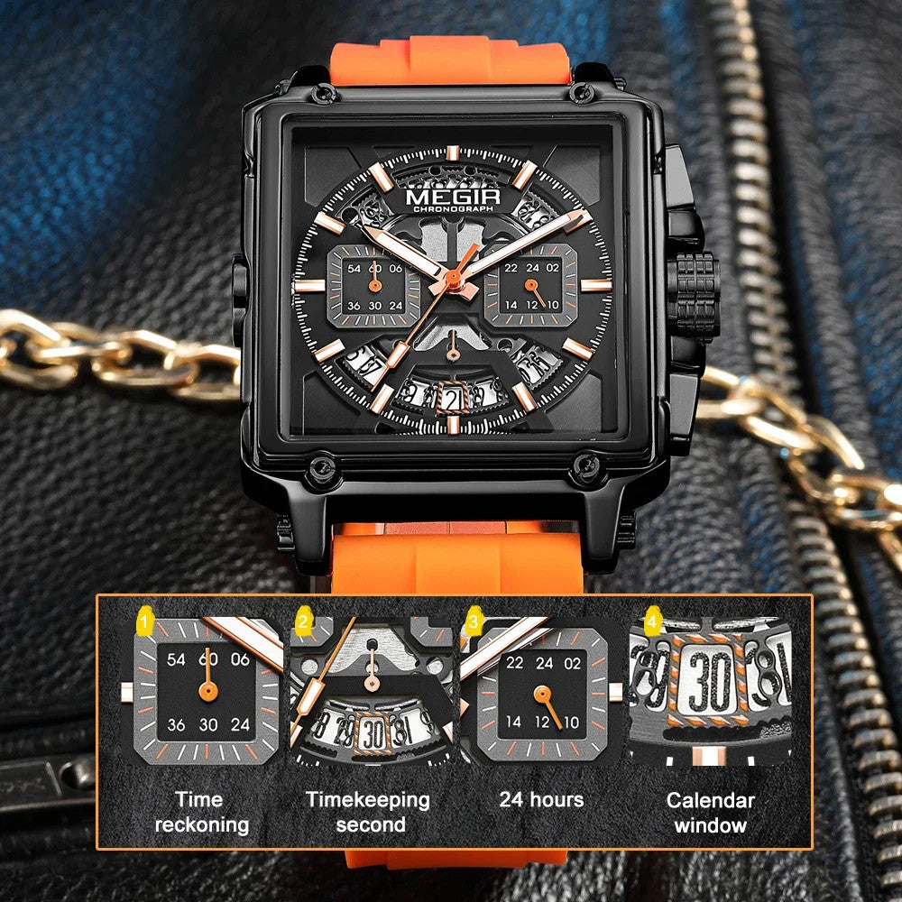 MEGIR 2233 Quartz Chronograph Watch Square Case Waterproof, detail view
