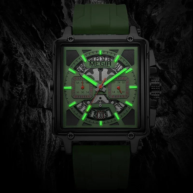 MEGIR 2233 quartz chronograph square watch with green luminous dial and black case